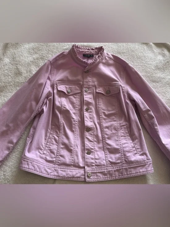 Talbots Pink Ruffle-Neck Denim Jacket - Picture 3 of 10